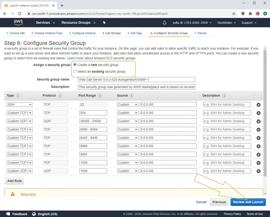 Configure_Security_Group_WCS_Amazon_AWS_Marketplace_Balancer_AutoScaling_WebSocket_WebRTC