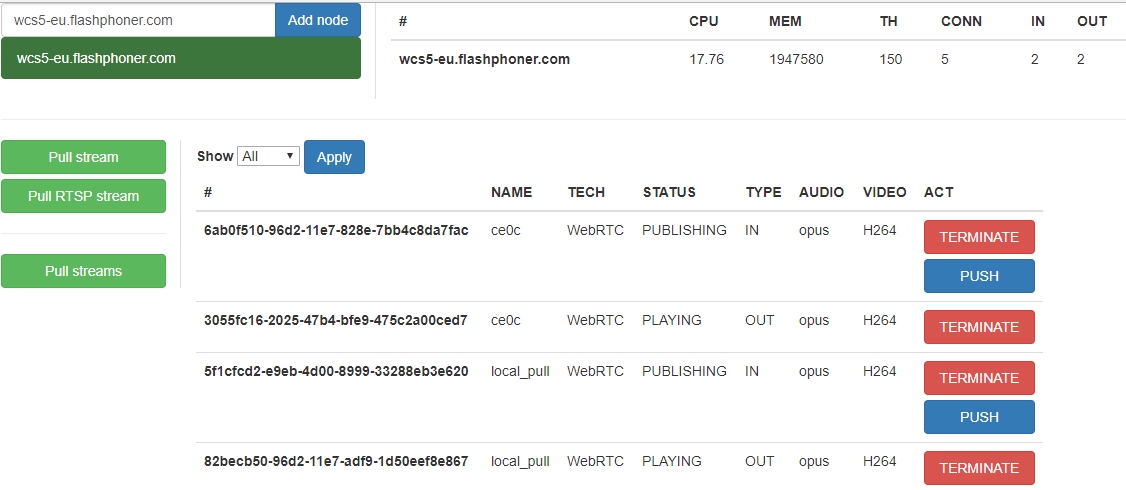 Web-interface REST client, the managing pull-sessions
