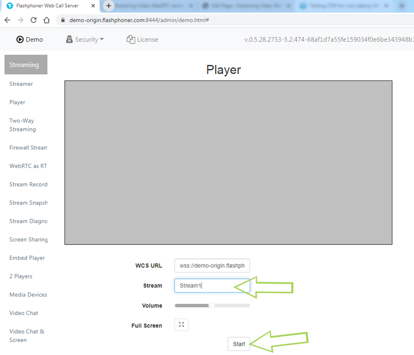 Clicking Start CDN low latency WebRTC WCS Origin Edge